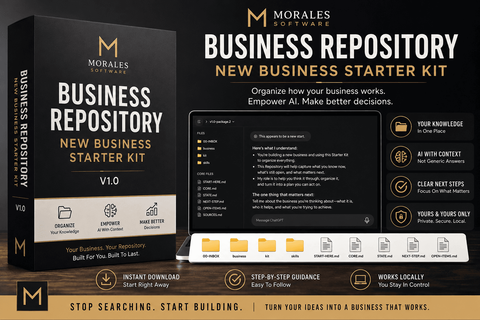 Business Repository — New Business Starter Kit V1.0 product image showing the kit box, organized Repository folders and core files, and an AI workspace.