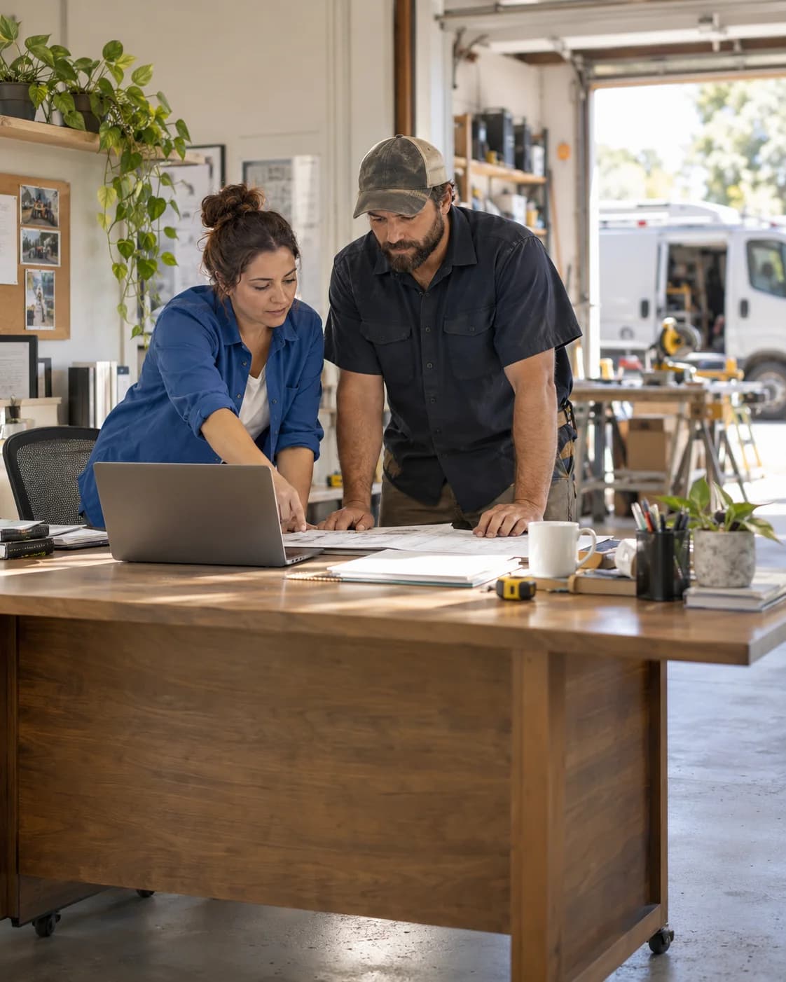 Illustrative scene of an office coordinator and field team lead reviewing a job plan together.
