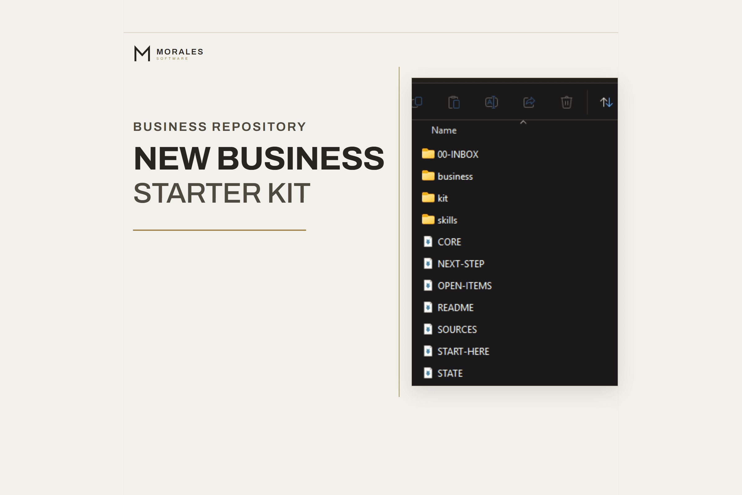 Approved New Business Starter Kit cover showing the Morales Software wordmark and the product's organized business context structure.